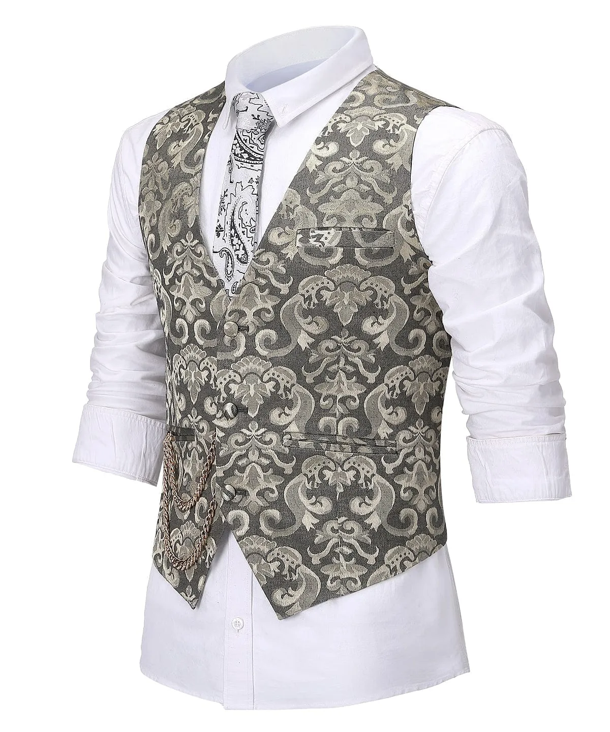 Gold Patterned V Neck Waistcoat