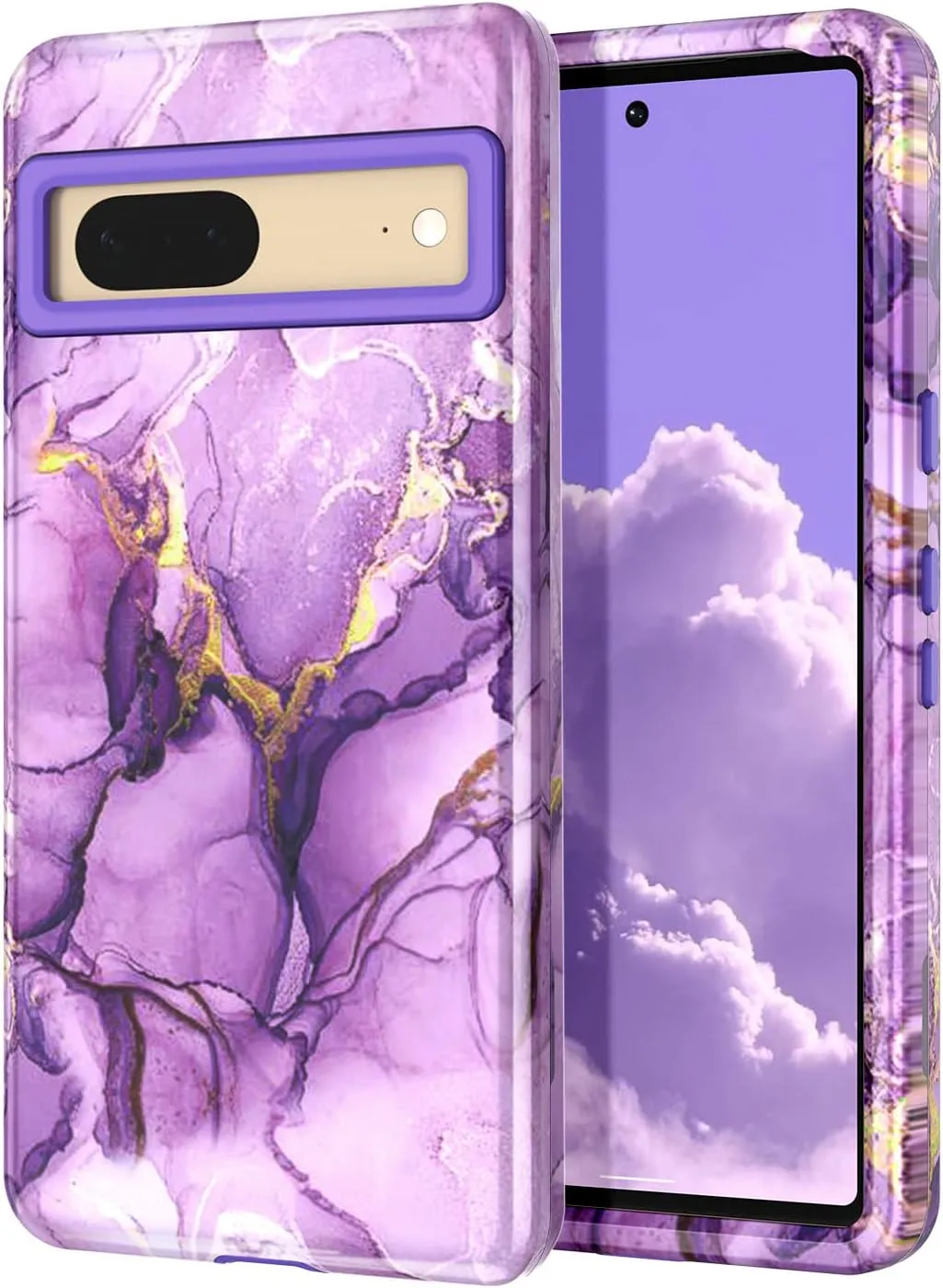 Google Pixel 7 Case, Heavy Duty Shockproof Hybrid Soft Drop Protection Purple Marble