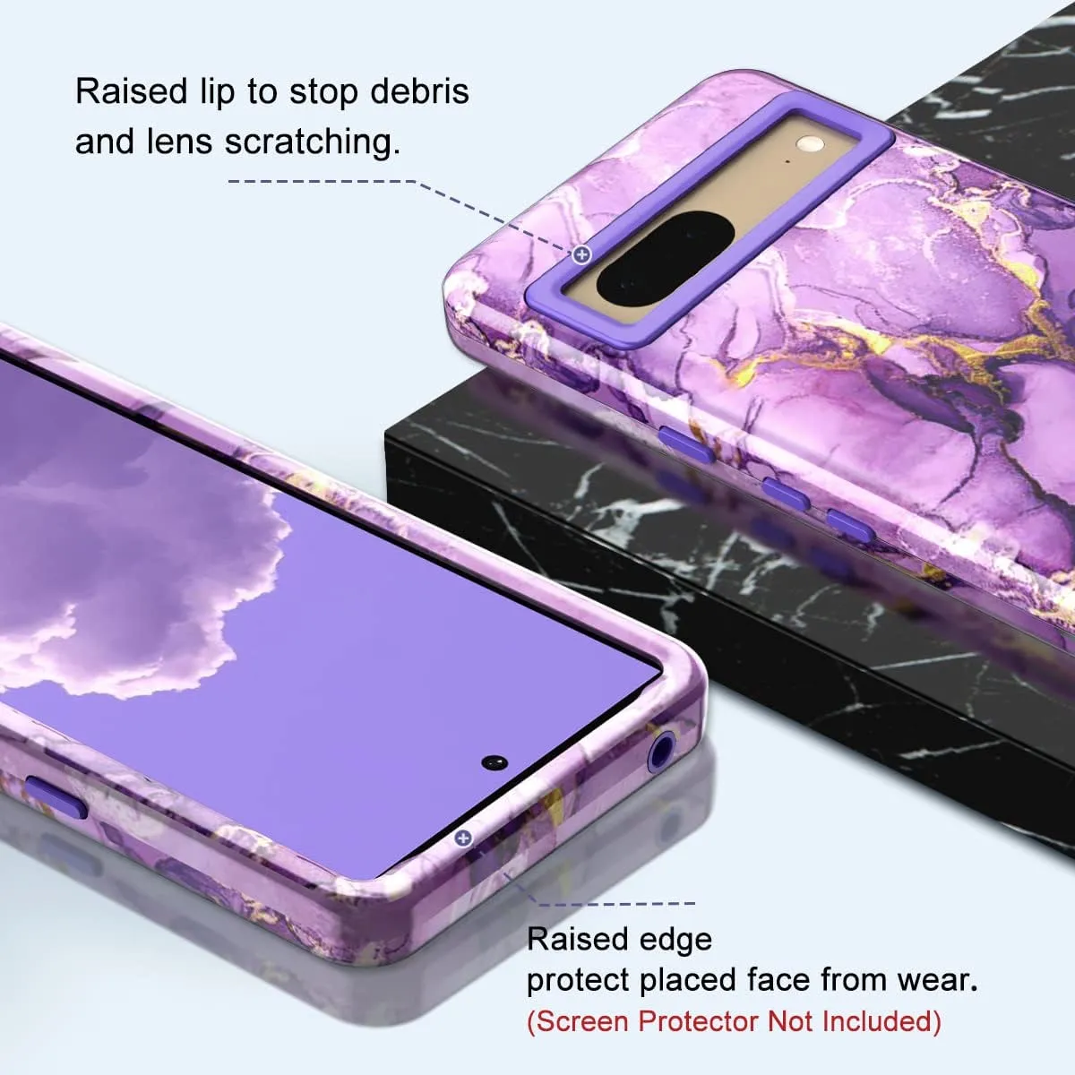 Google Pixel 7 Case, Heavy Duty Shockproof Hybrid Soft Drop Protection Purple Marble