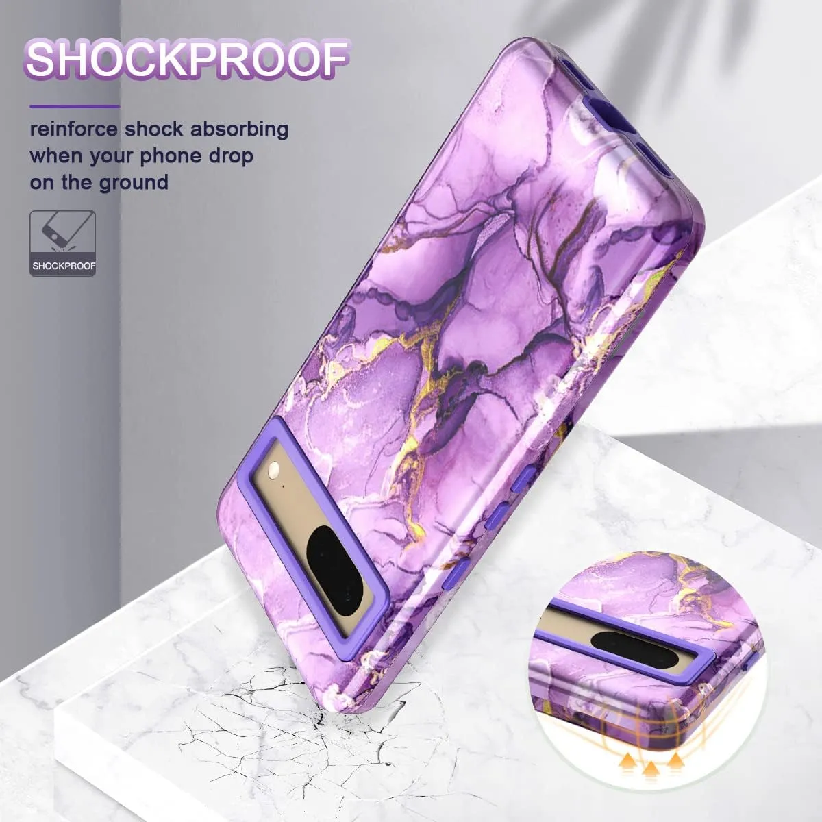 Google Pixel 7 Case, Heavy Duty Shockproof Hybrid Soft Drop Protection Purple Marble