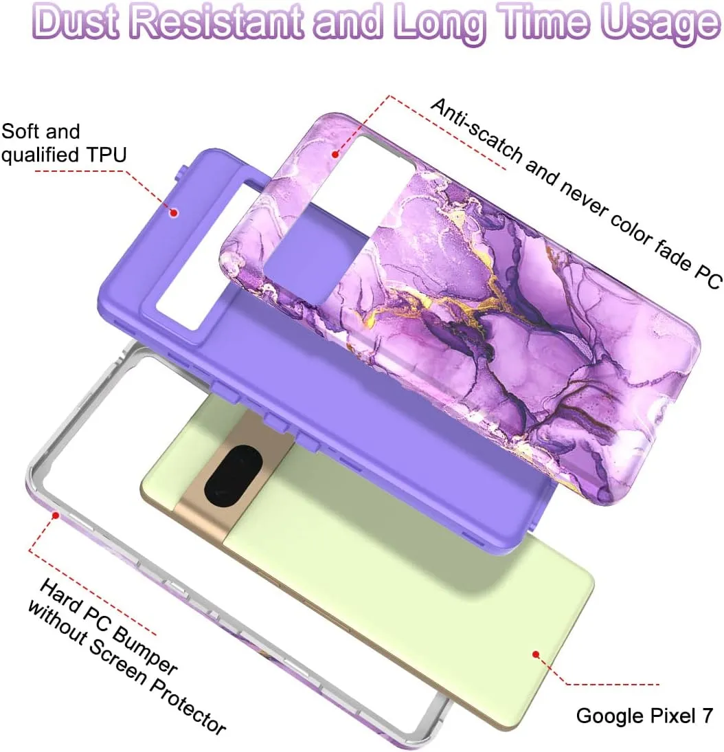 Google Pixel 7 Case, Heavy Duty Shockproof Hybrid Soft Drop Protection Purple Marble