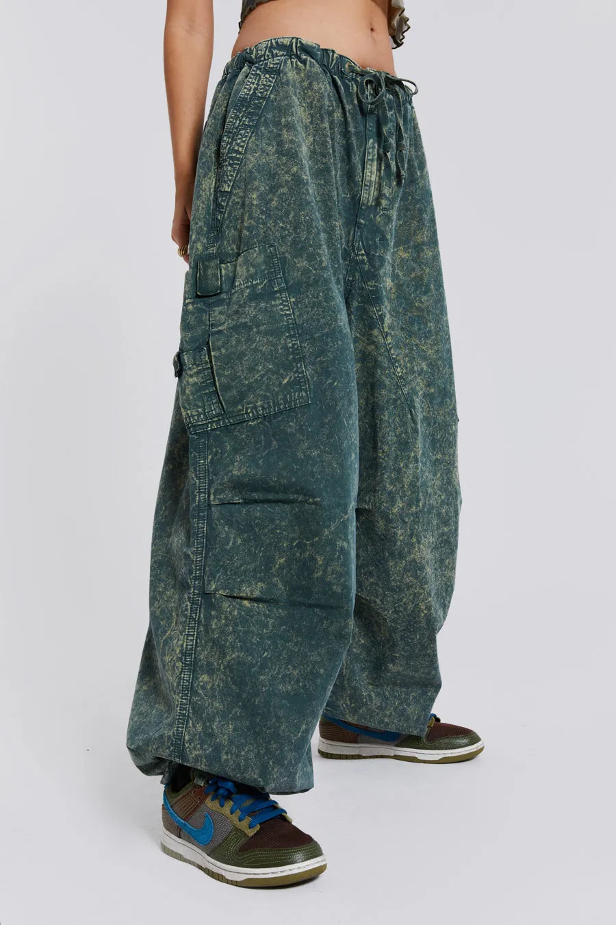 Green Acid Wash Parachute Cargo Pants