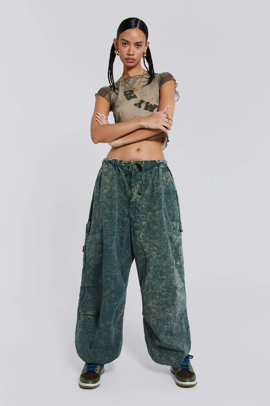 Green Acid Wash Parachute Cargo Pants