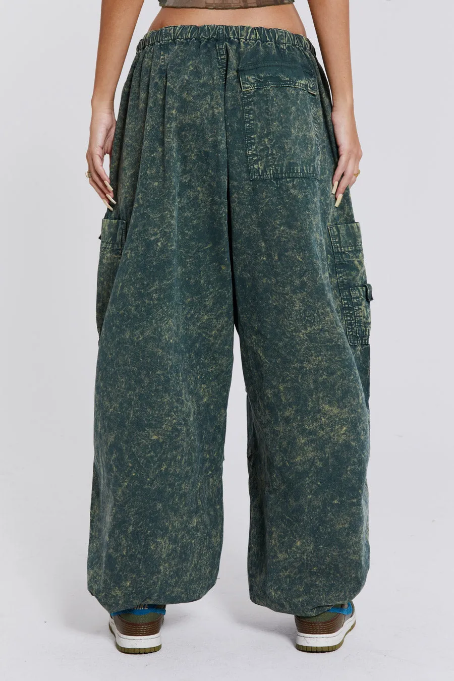 Green Acid Wash Parachute Cargo Pants