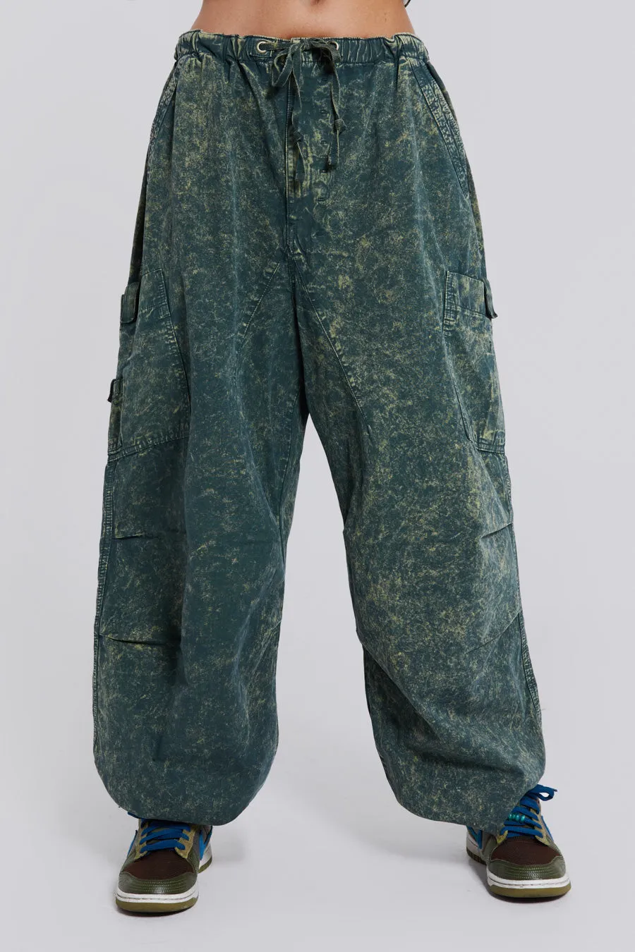 Green Acid Wash Parachute Cargo Pants