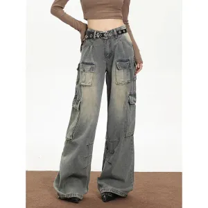 High Waisted Blue Cargo Streetwear Wide Leg Denim Jeans