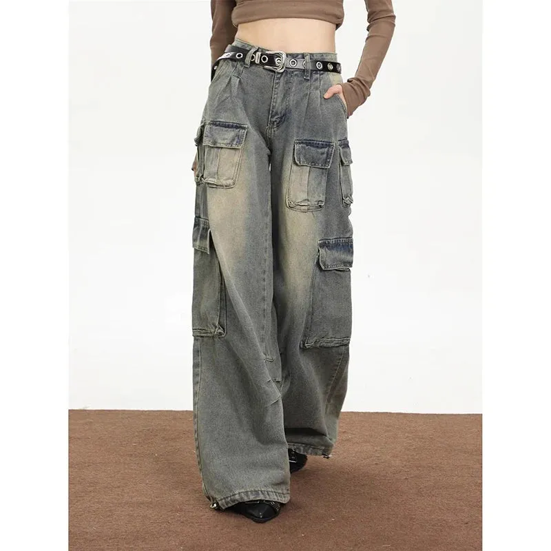 High Waisted Blue Cargo Streetwear Wide Leg Denim Jeans