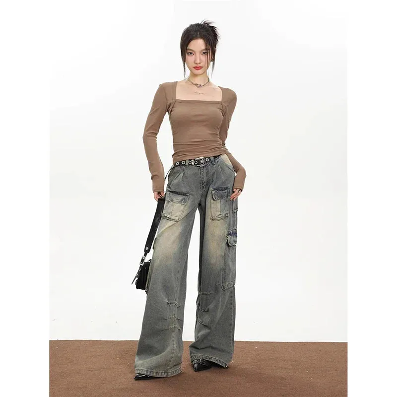 High Waisted Blue Cargo Streetwear Wide Leg Denim Jeans