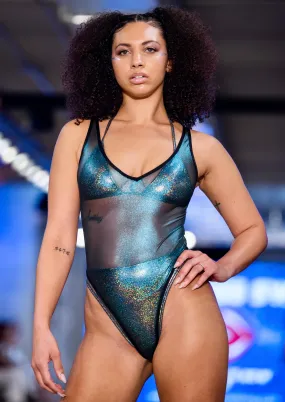 Highcut V-Neck Bodysuit in Turquoise Metallic Mesh