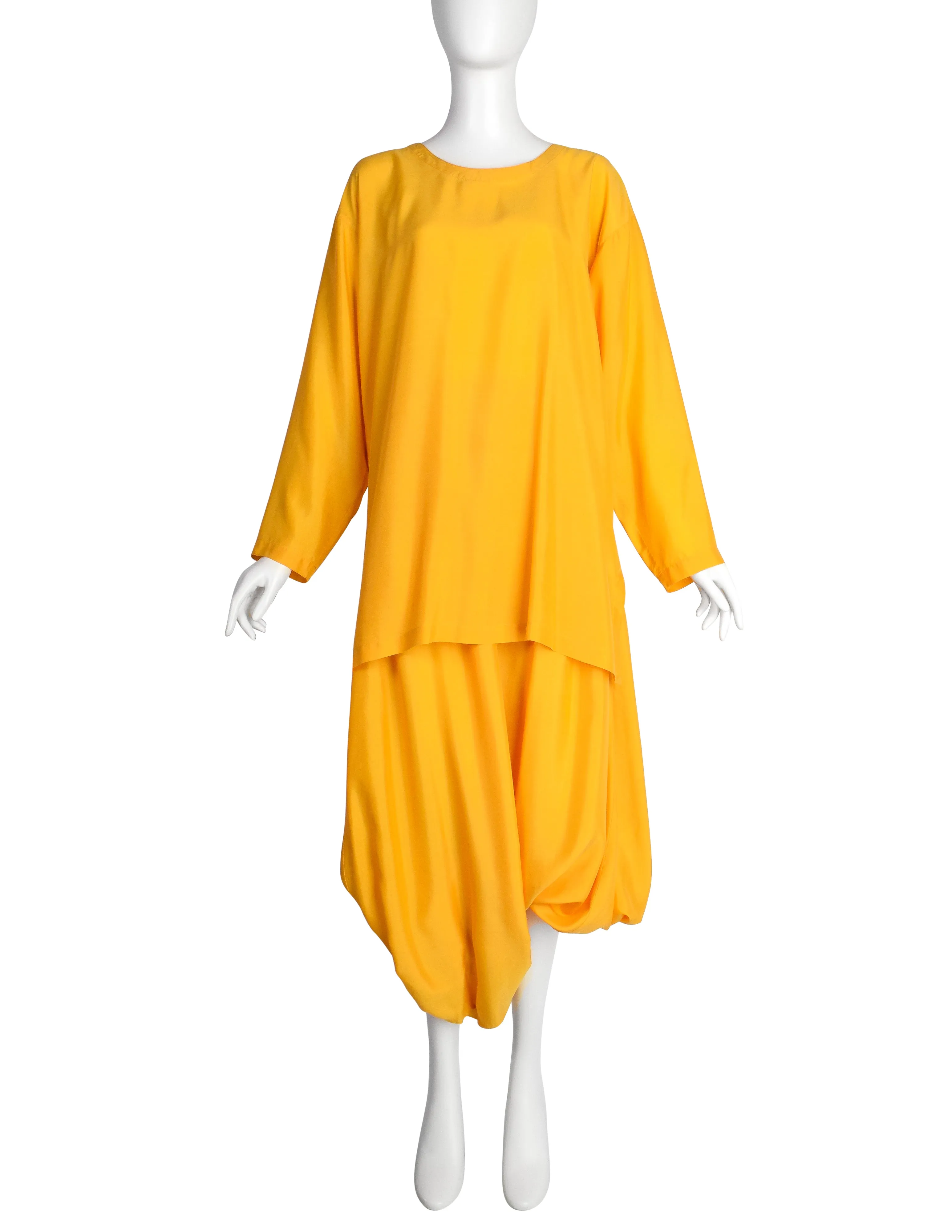 Issey Miyake Vintage 1980s Yellow Silk Oversized Top and Harem Pant Ensemble Set