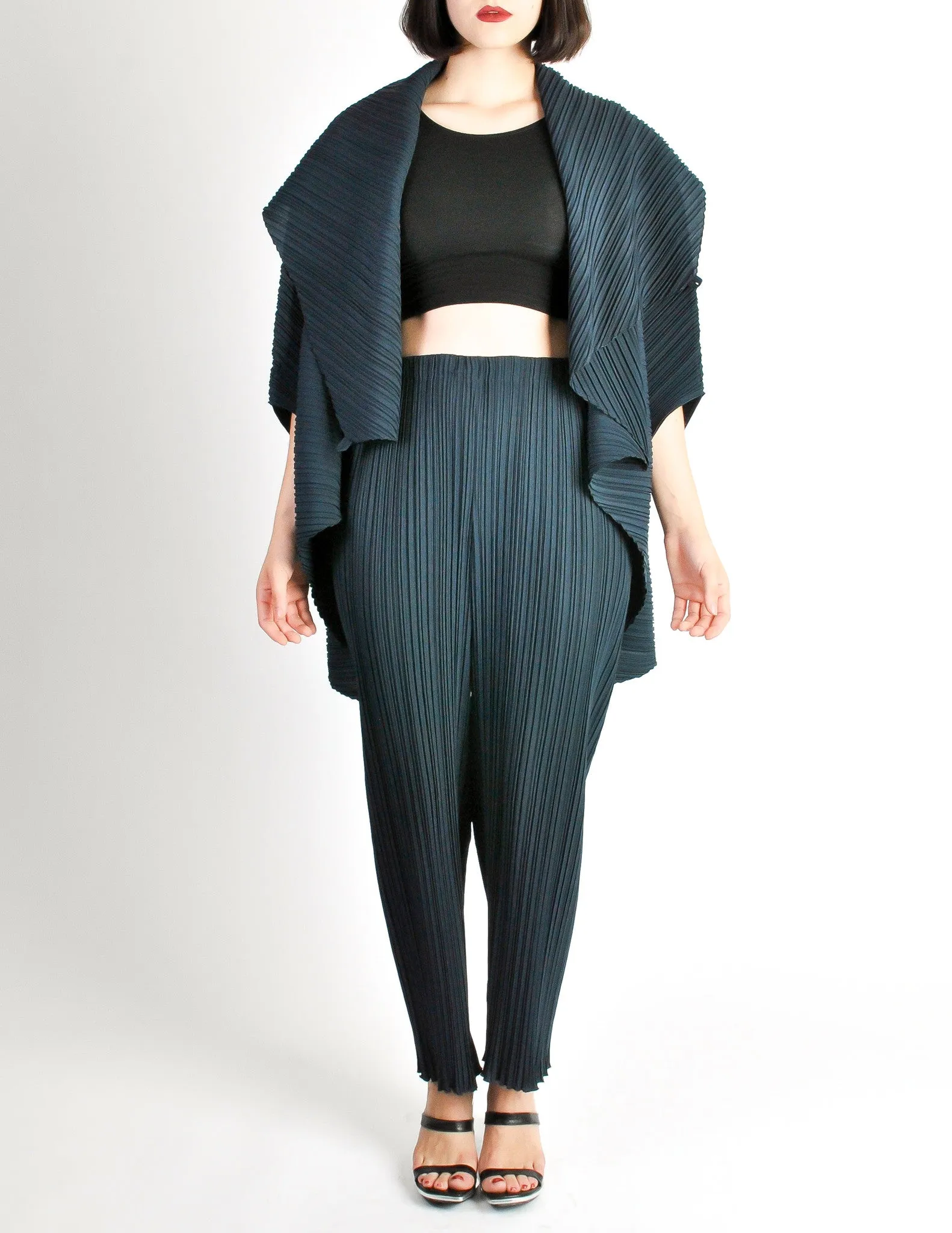 Issey Miyake Vintage Dark Blue Pleated Jacket & Pant Ensemble