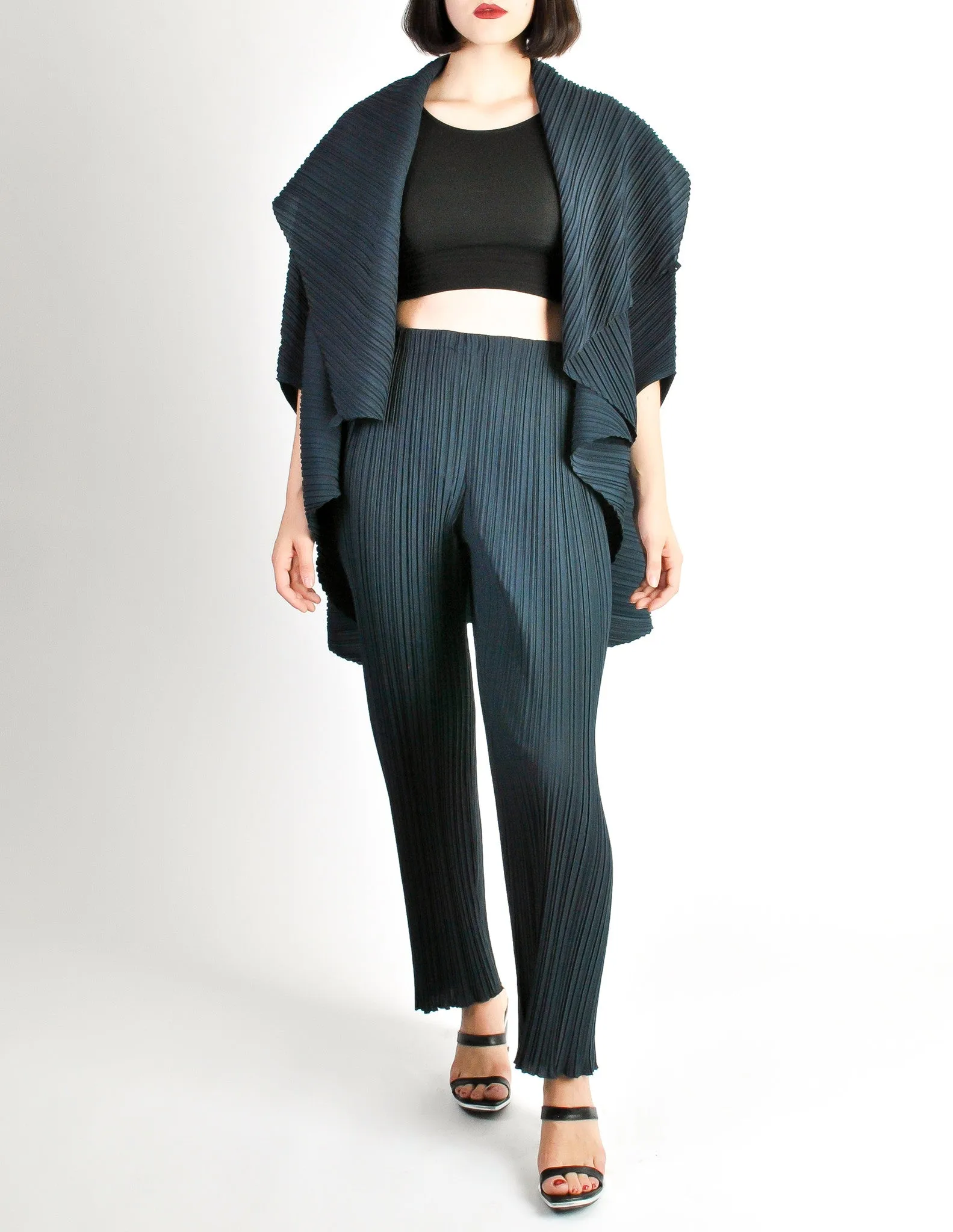 Issey Miyake Vintage Dark Blue Pleated Jacket & Pant Ensemble