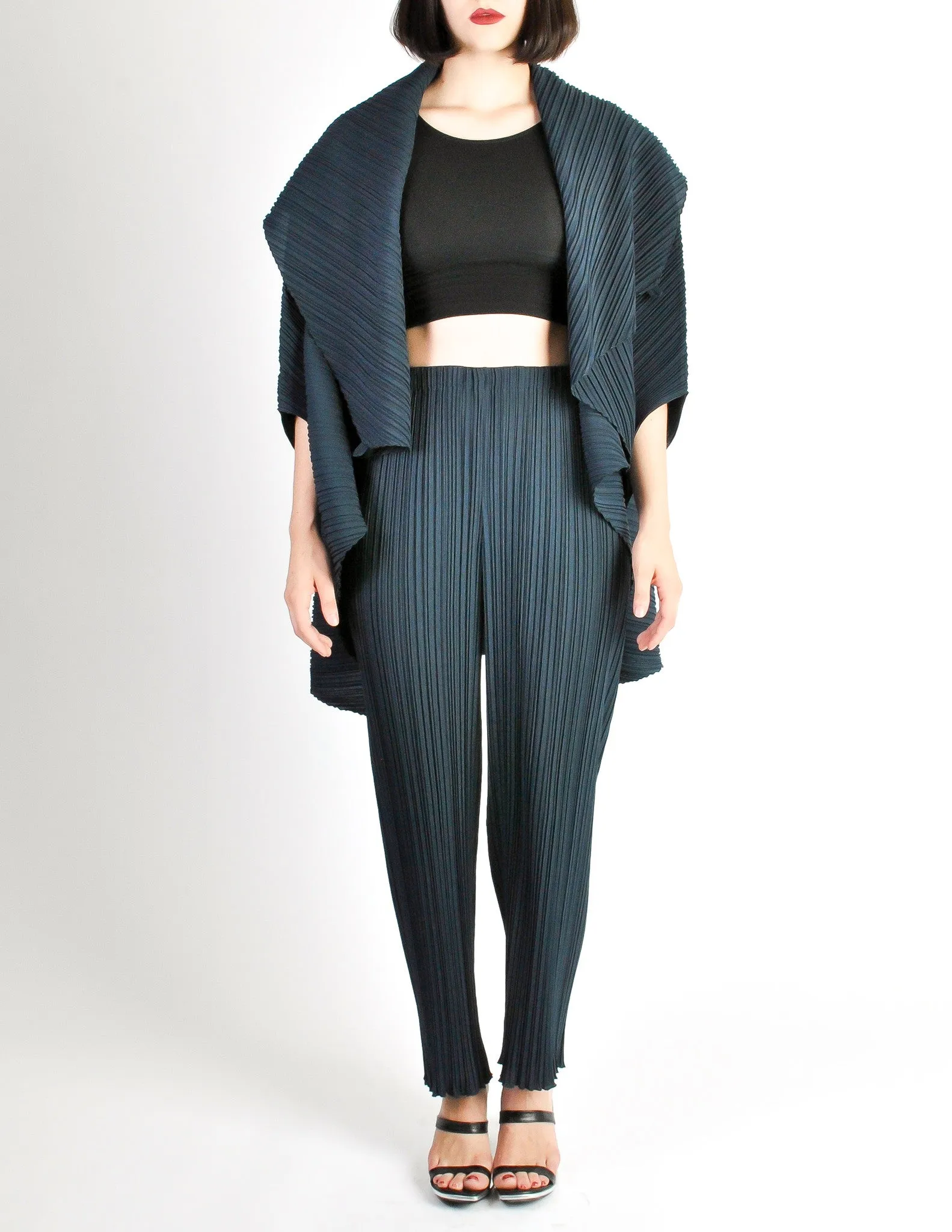 Issey Miyake Vintage Dark Blue Pleated Jacket & Pant Ensemble