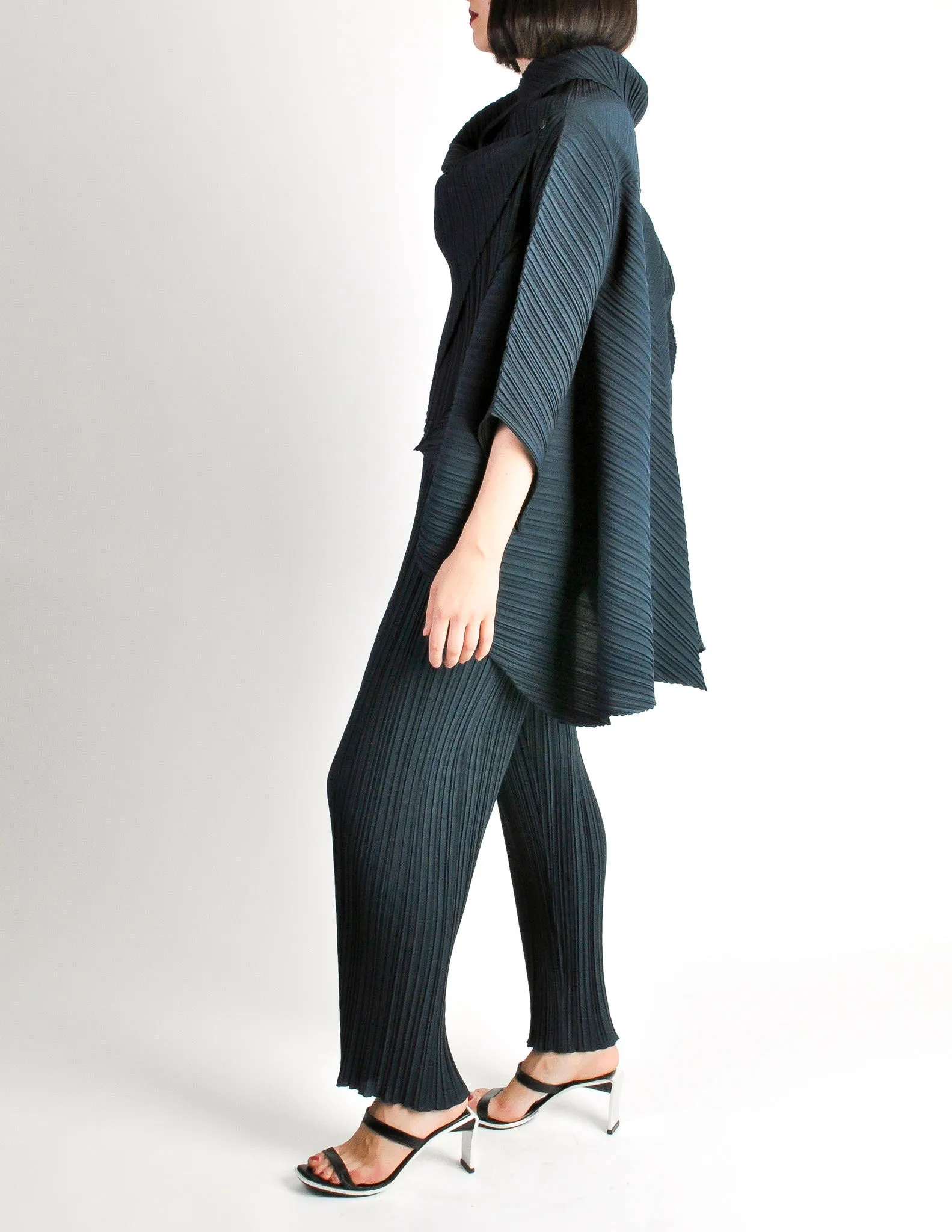 Issey Miyake Vintage Dark Blue Pleated Jacket & Pant Ensemble