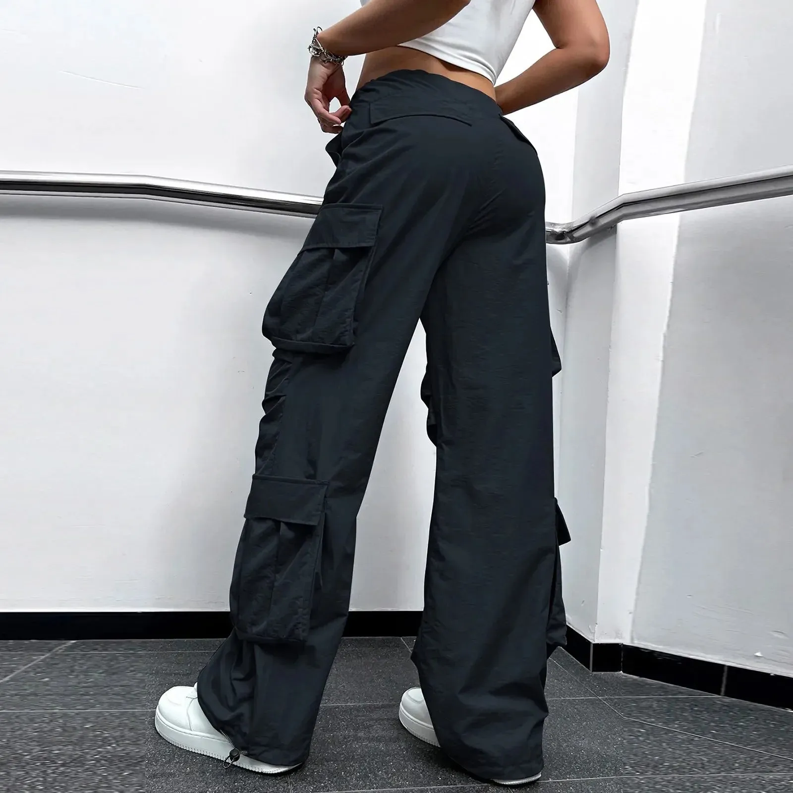 Joggers Tech Women Vintage Hip Hop Low Waist Solid Baggy Trousers Y2K Streetwear Drawstring Wide Leg Cargo Casual Pants