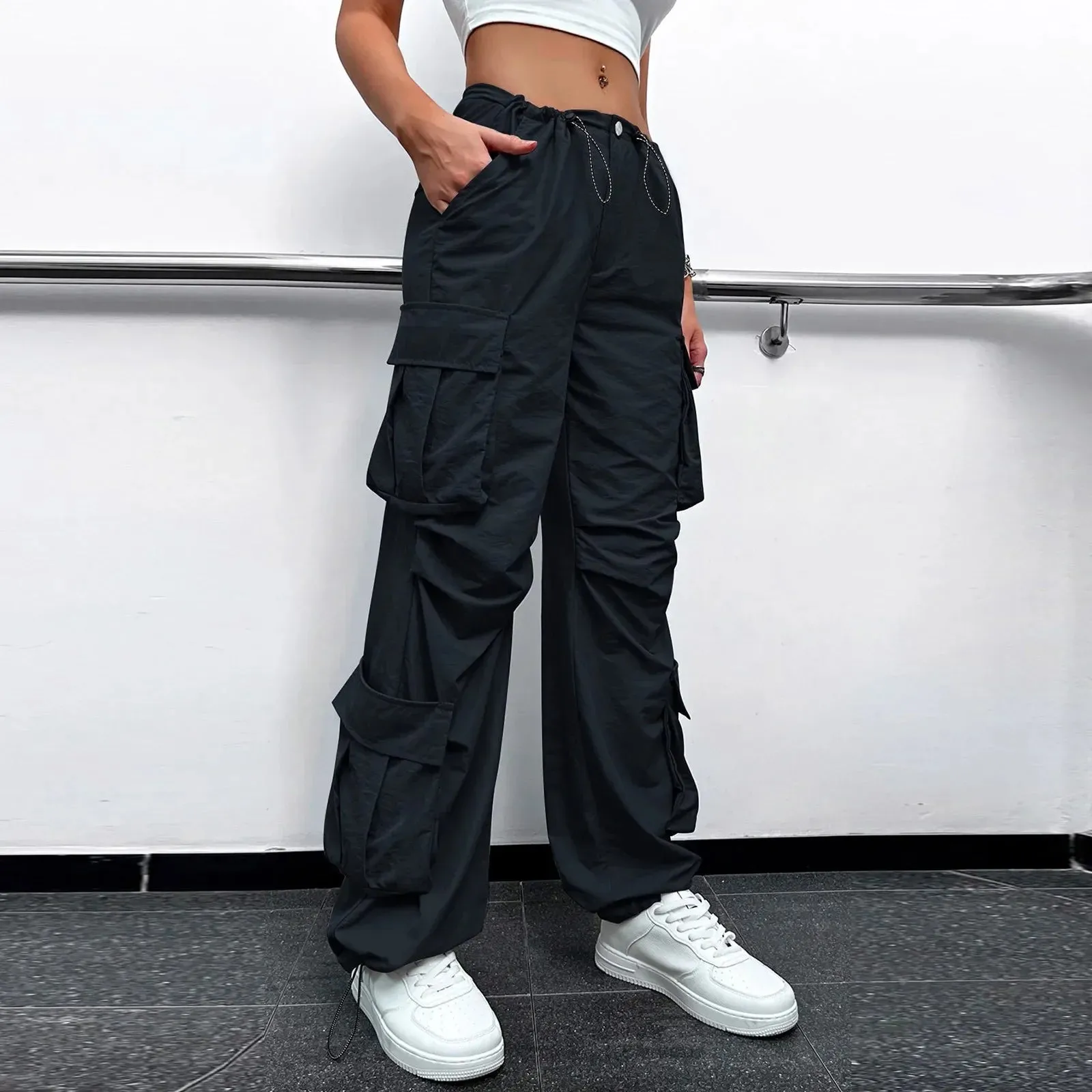 Joggers Tech Women Vintage Hip Hop Low Waist Solid Baggy Trousers Y2K Streetwear Drawstring Wide Leg Cargo Casual Pants