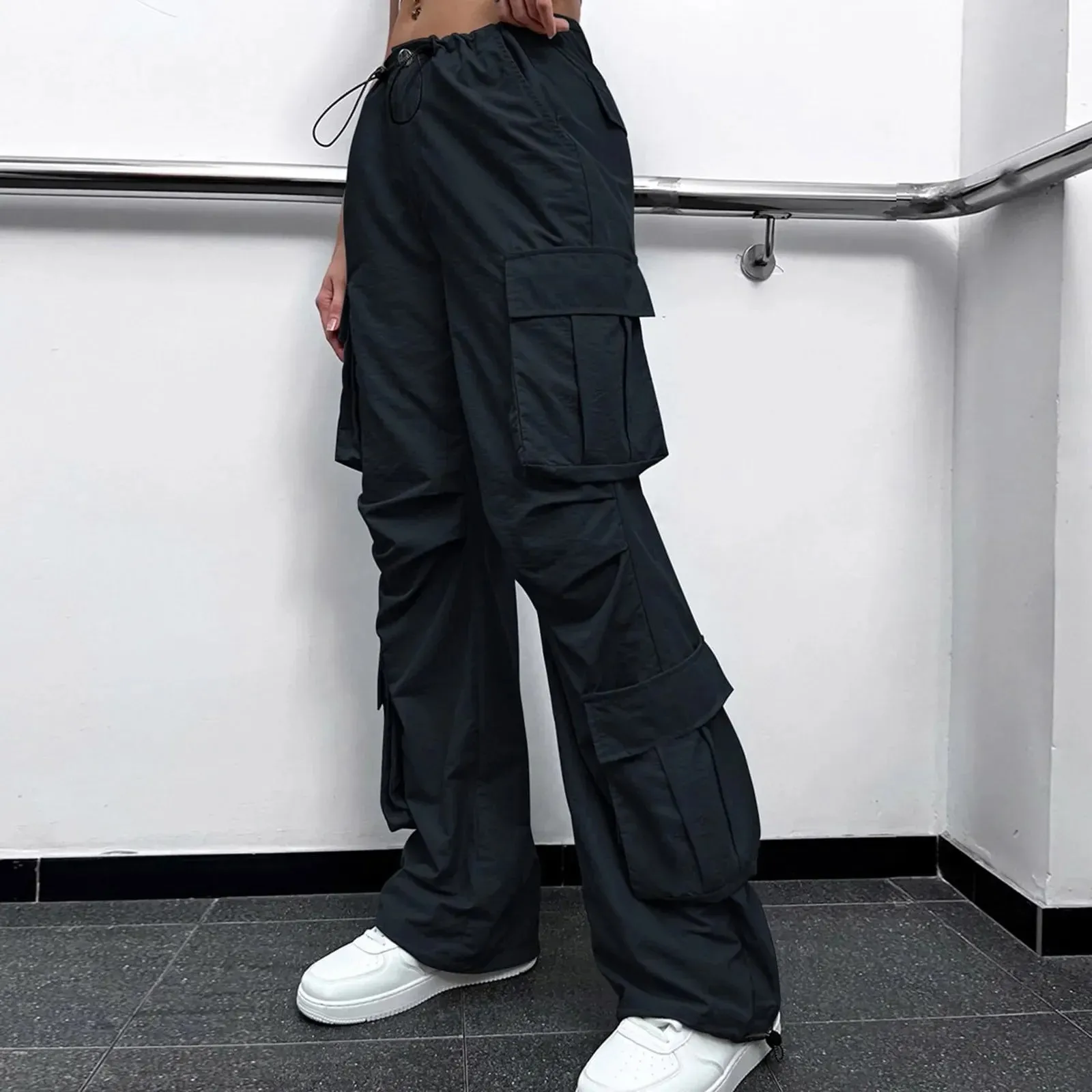 Joggers Tech Women Vintage Hip Hop Low Waist Solid Baggy Trousers Y2K Streetwear Drawstring Wide Leg Cargo Casual Pants