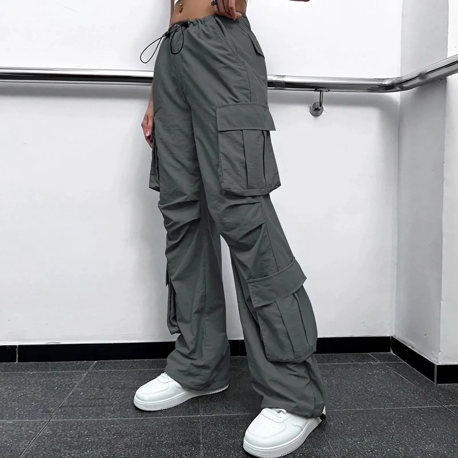 Joggers Tech Women Vintage Hip Hop Low Waist Solid Baggy Trousers Y2K Streetwear Drawstring Wide Leg Cargo Casual Pants