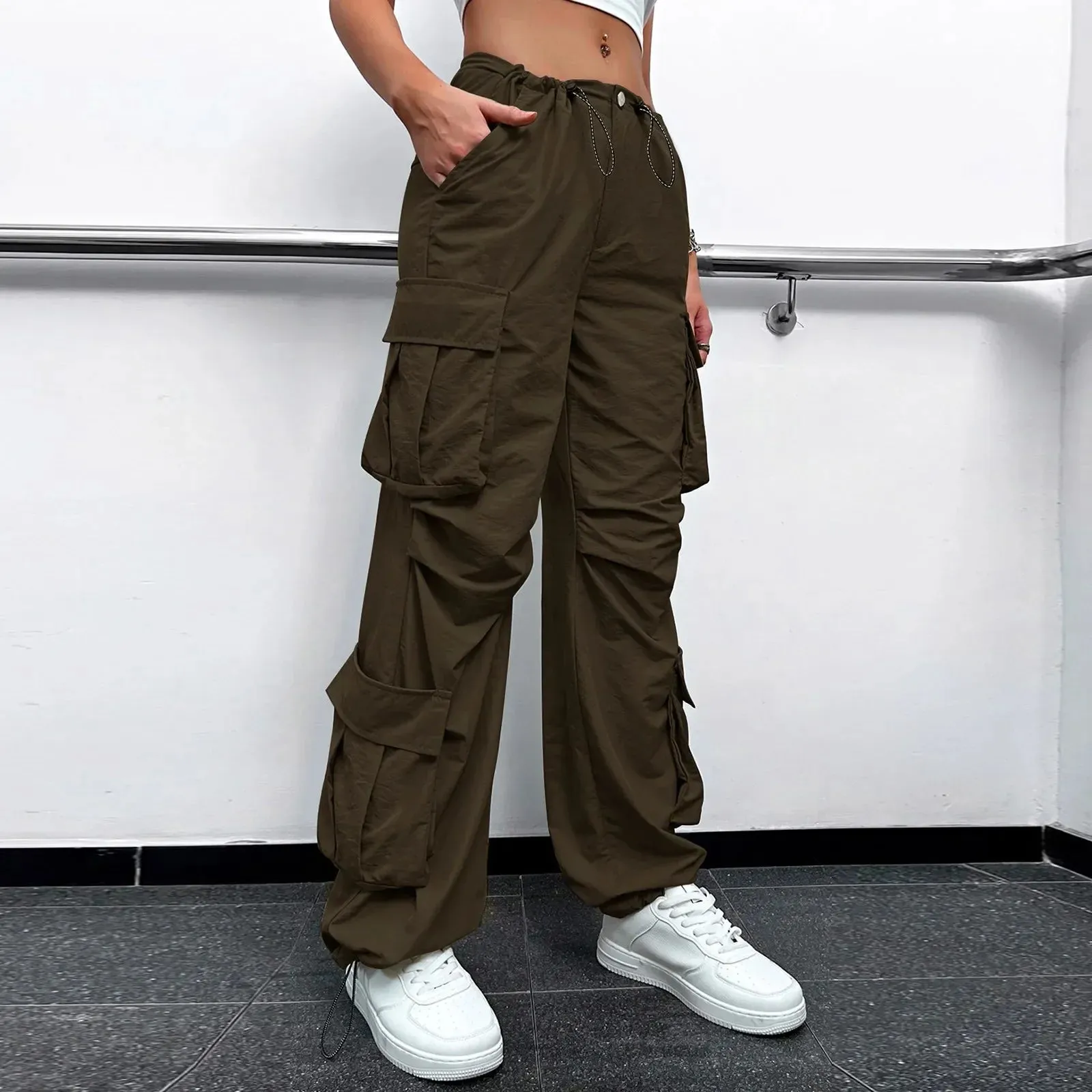 Joggers Tech Women Vintage Hip Hop Low Waist Solid Baggy Trousers Y2K Streetwear Drawstring Wide Leg Cargo Casual Pants