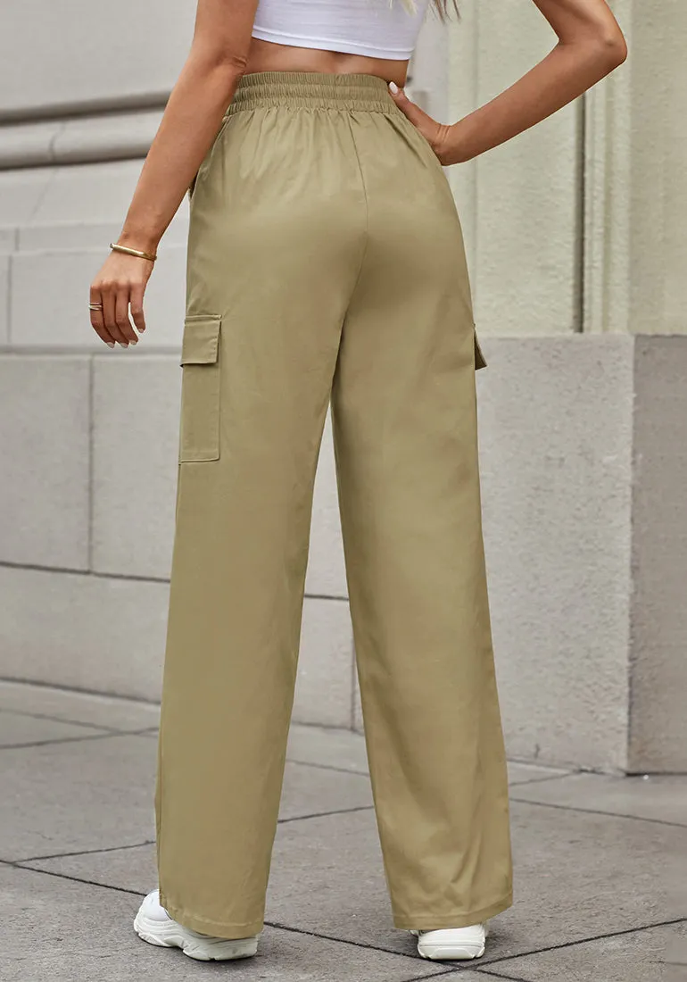 Khaki Women's Brief Elastic Waist Wide Leg Cargo Pants Stretch Loose Pants Y2K