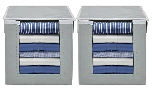 Kuber Industries Non-Woven Foldable Shirt Stacker With Carrying Handle & Lid |Cloth Wardrobe Organizer|Size 38 x 26 x 24 CM|Pack of 2 (Grey, cotton, Rectangular)-HS43KUBMART26883