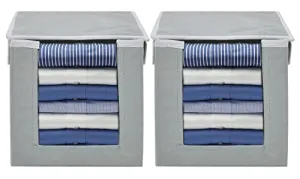 Kuber Industries Non-Woven Foldable Shirt Stacker With Carrying Handle & Lid |Cloth Wardrobe Organizer|Size 38 x 26 x 24 CM|Pack of 2 (Grey, cotton, Rectangular)-HS43KUBMART26883