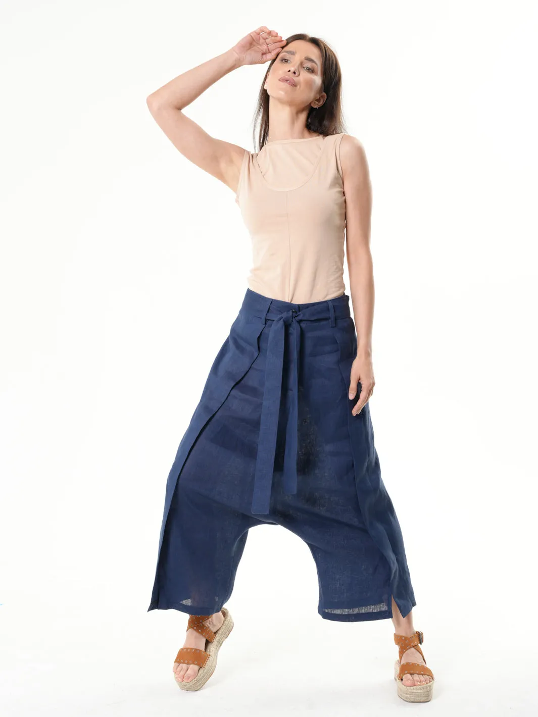 Linen Drop-Crotch Pants In Blue