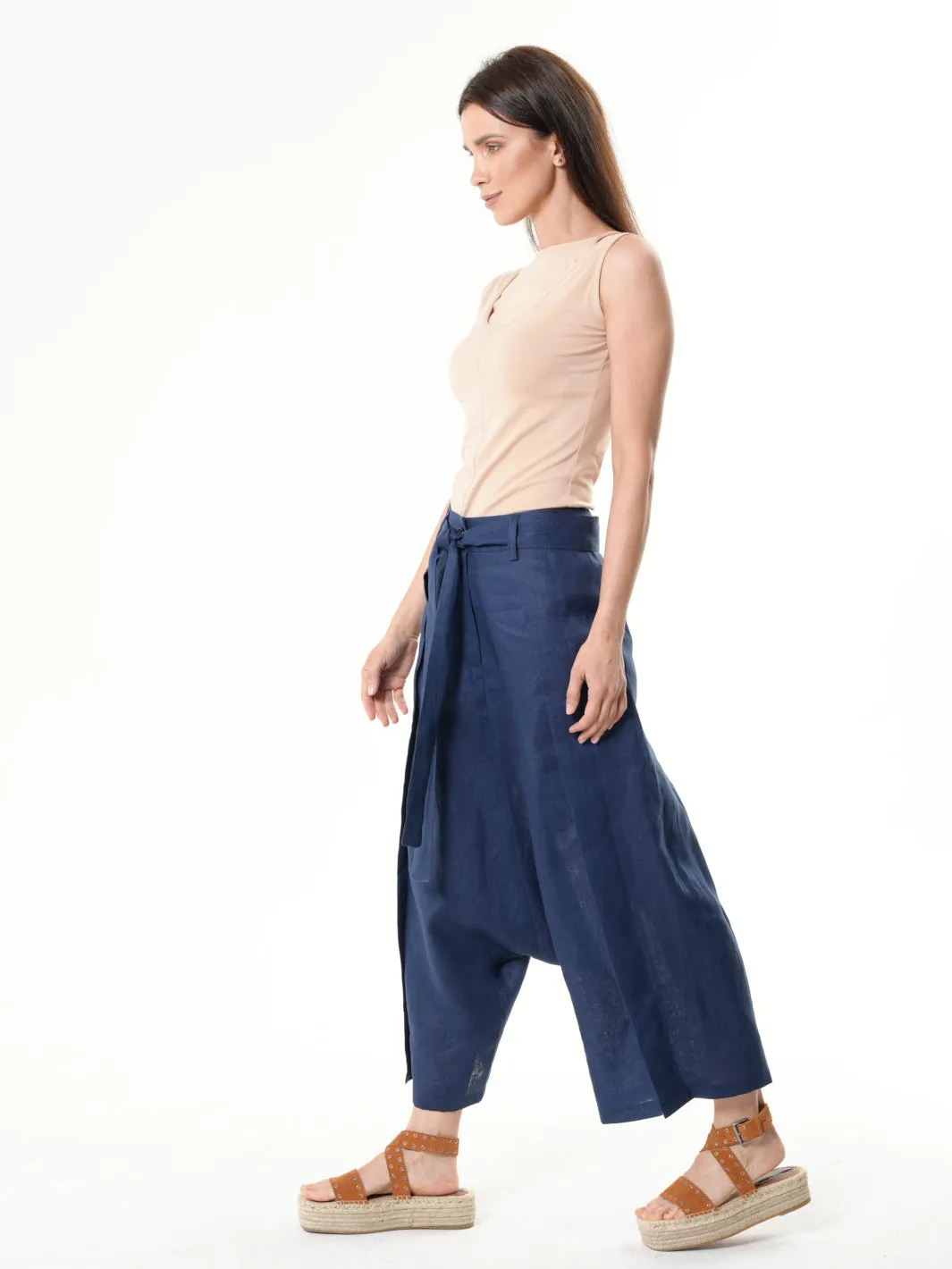 Linen Drop-Crotch Pants In Blue