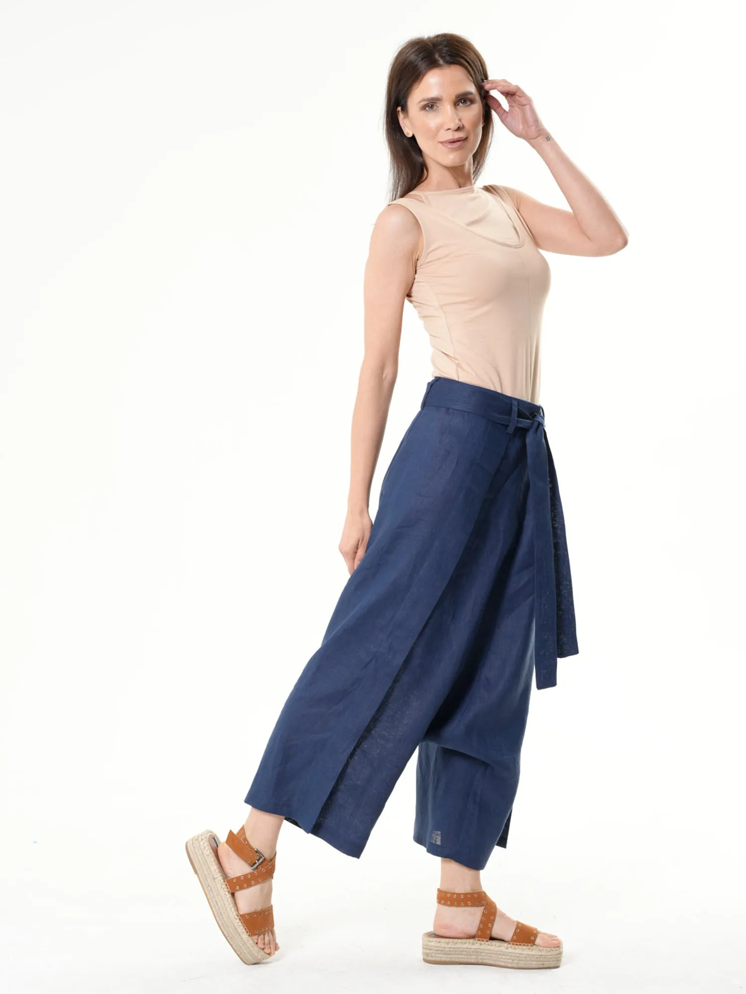 Linen Drop-Crotch Pants In Blue