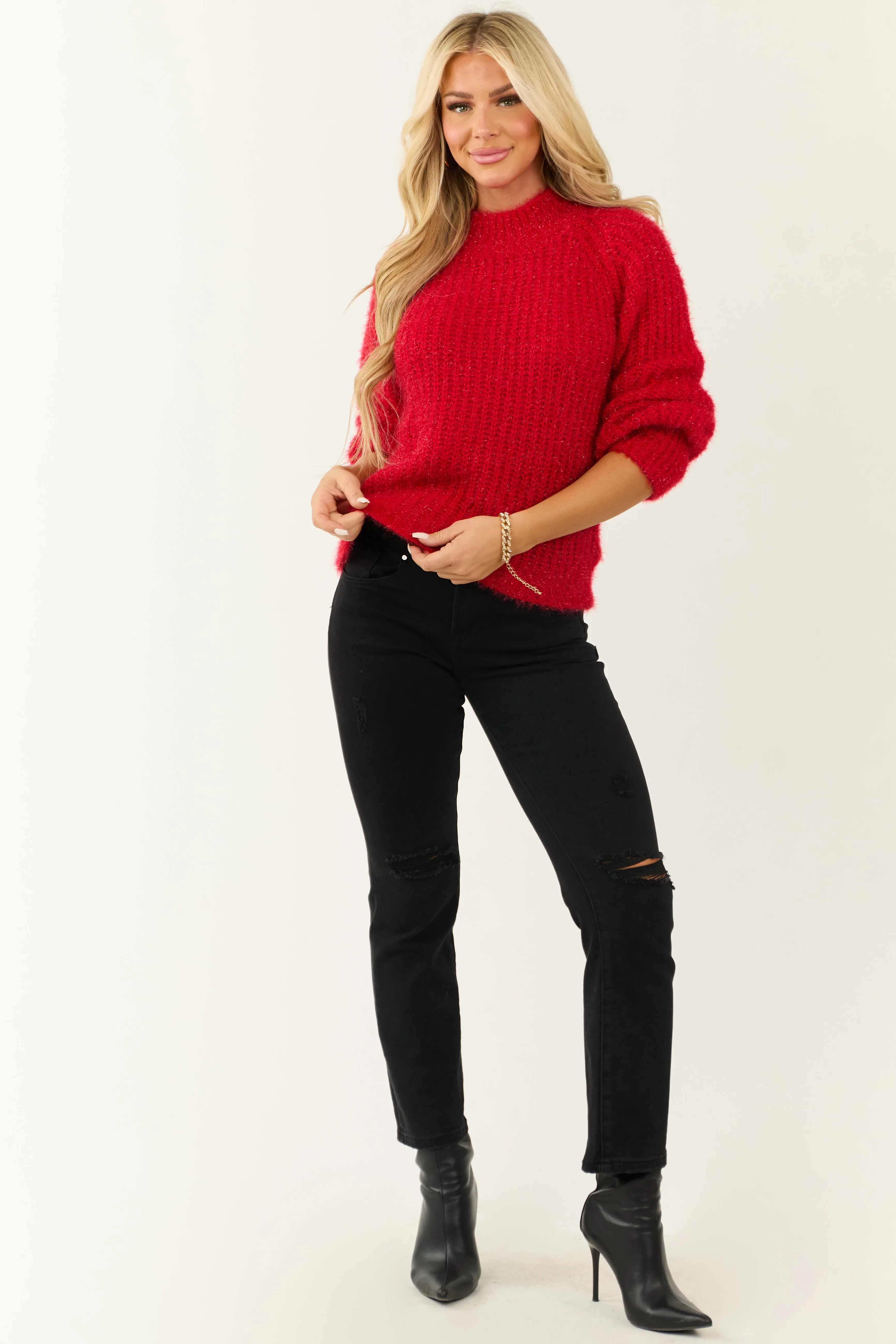 Lipstick Tinsel Yarn Mock Neck Sweater