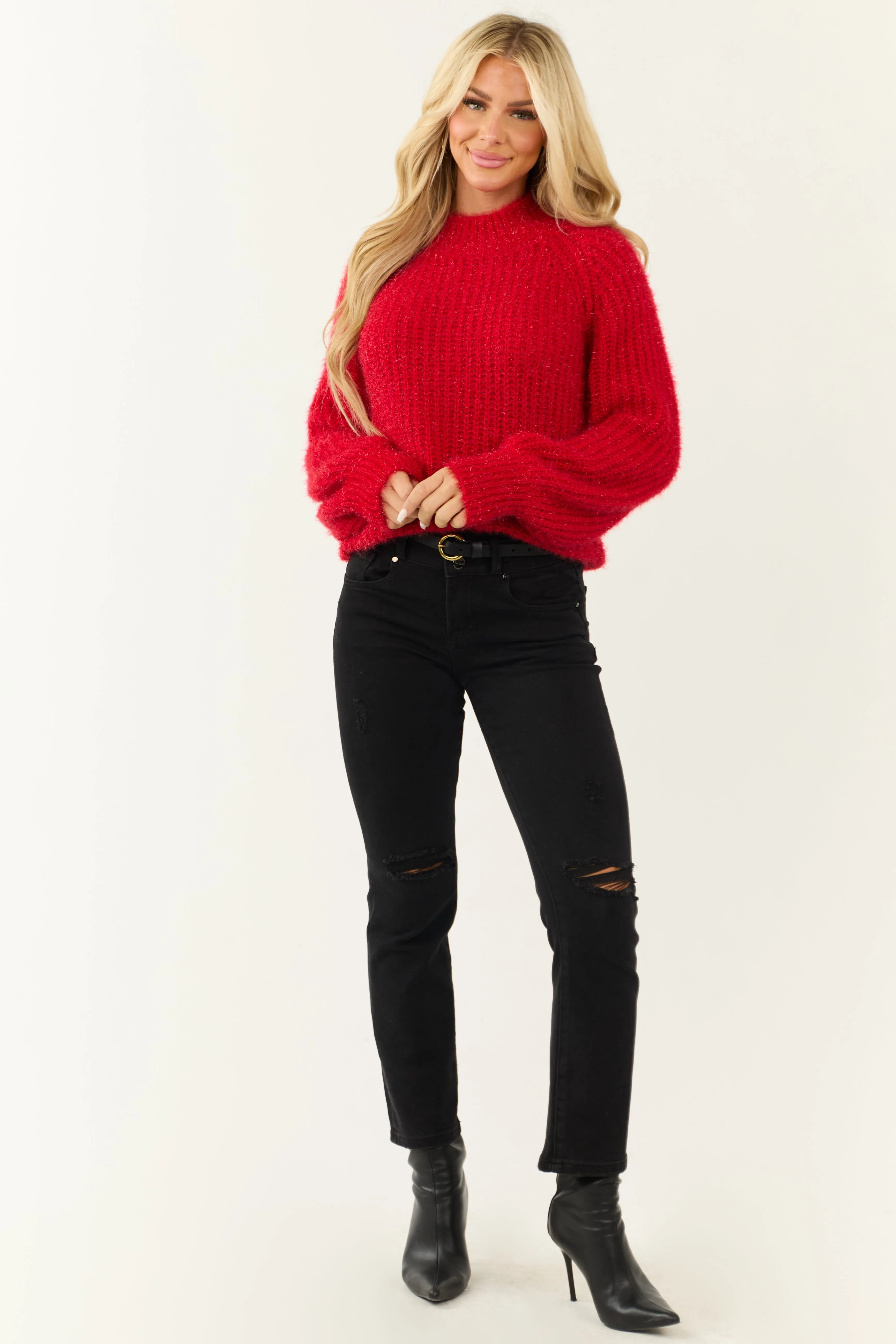 Lipstick Tinsel Yarn Mock Neck Sweater