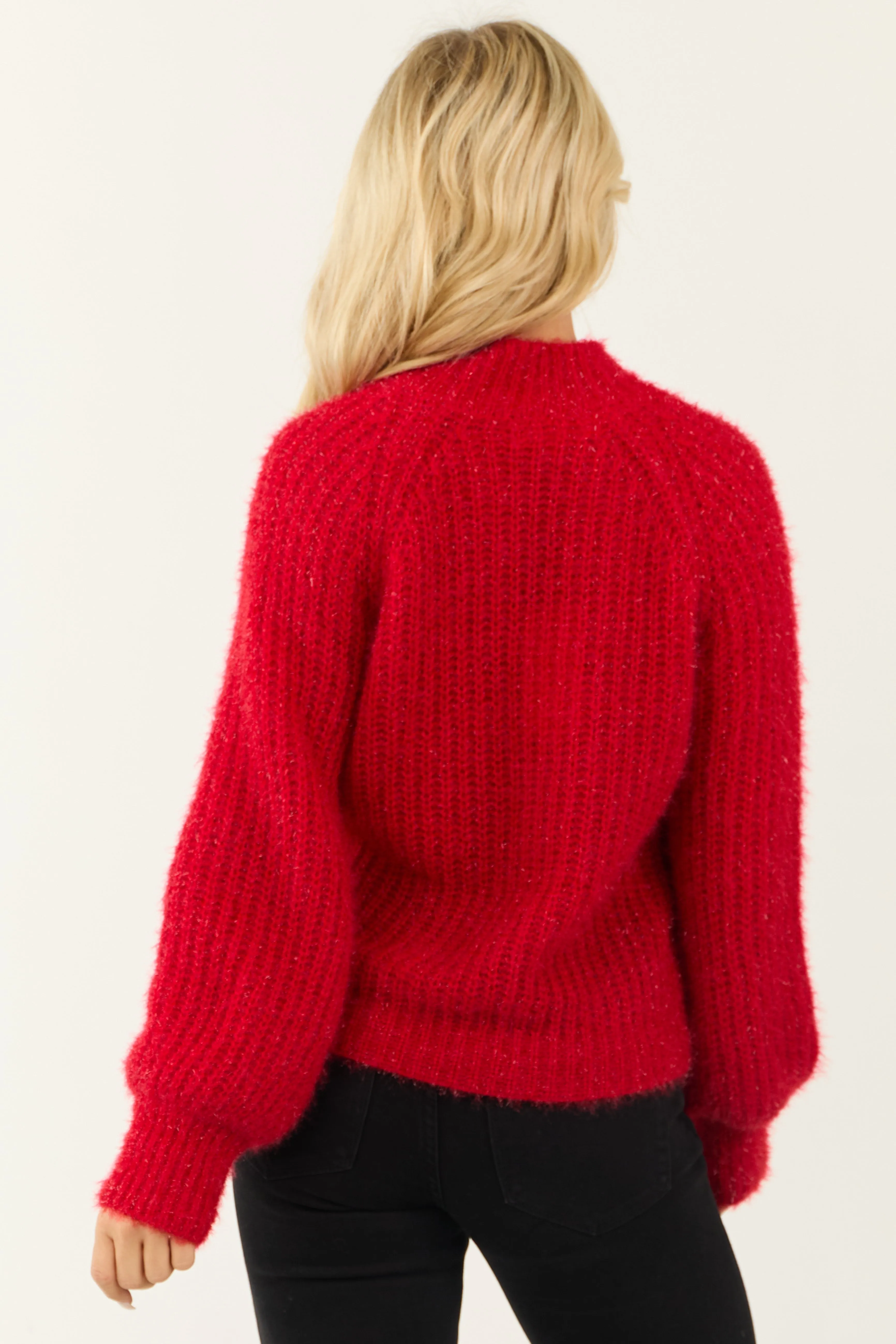 Lipstick Tinsel Yarn Mock Neck Sweater