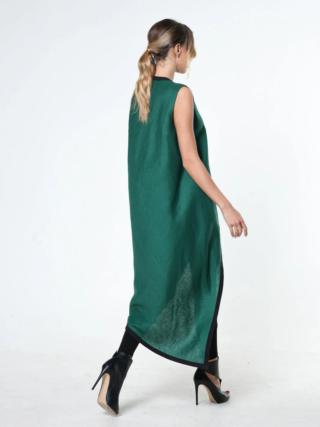 Long Linen Tunic Top In Green