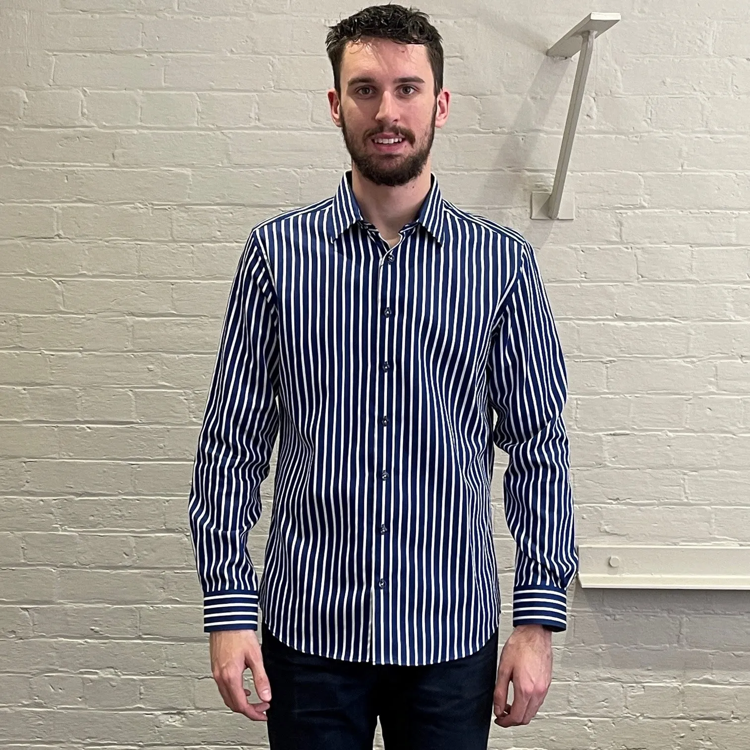 Long Sleeve Business Shirt - Striped - Navy & White