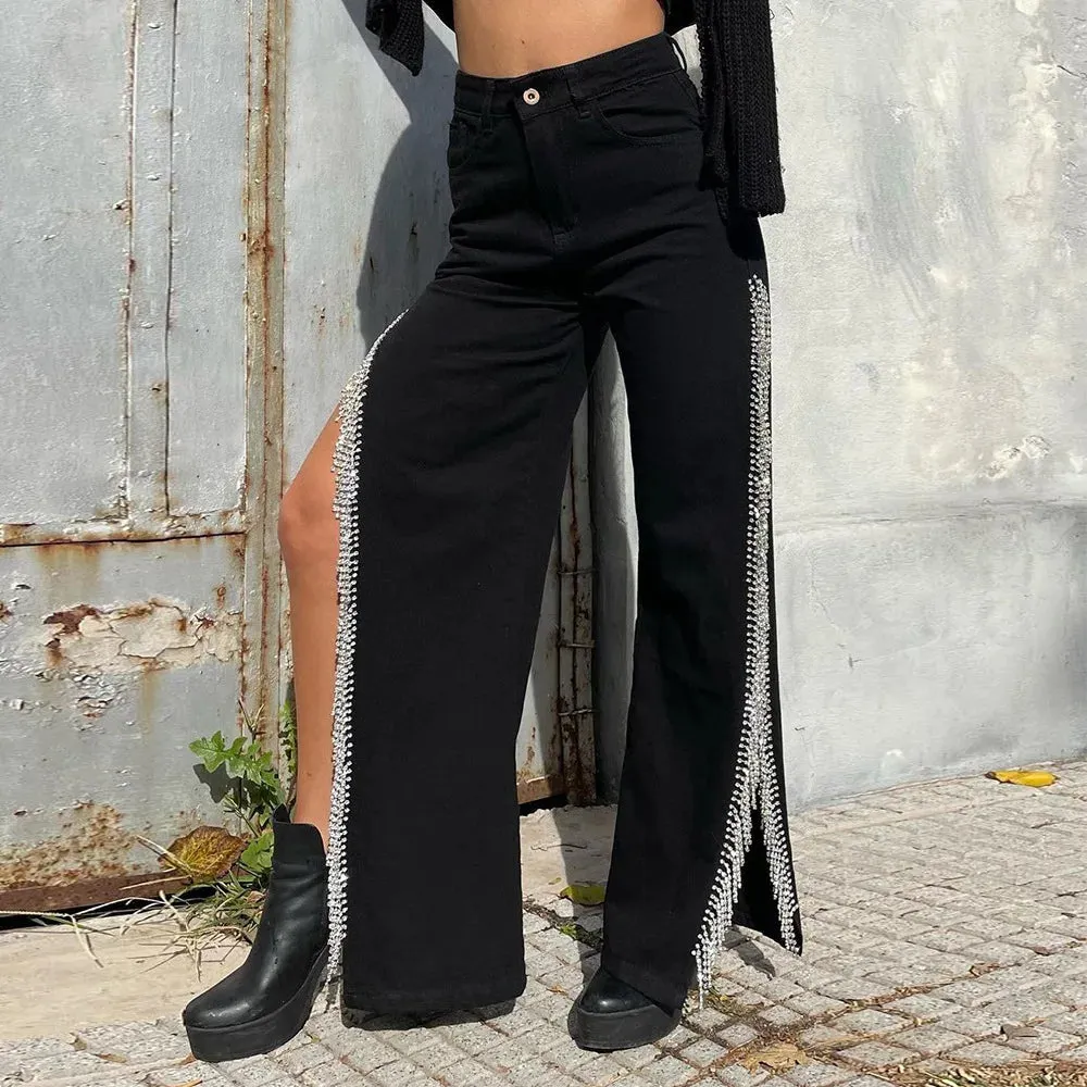 Long Slit Black Streetwear Casual Baggy Loose Summer Cargo Rhinestone Chain Pants