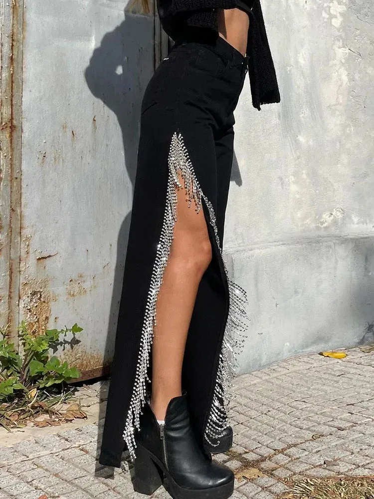 Long Slit Black Streetwear Casual Baggy Loose Summer Cargo Rhinestone Chain Pants