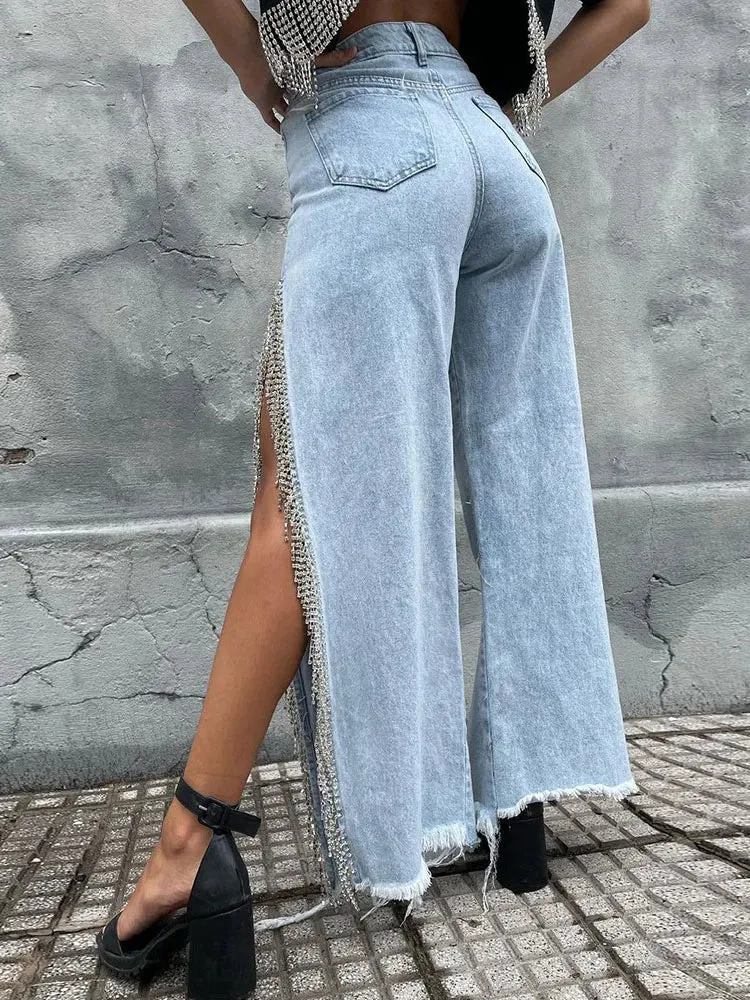 Long Slit Black Streetwear Casual Baggy Loose Summer Cargo Rhinestone Chain Pants