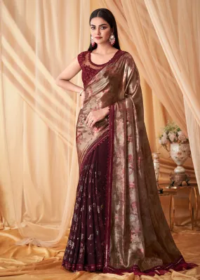 Maroon Shimmer Georgette Silk Festive Party Saree