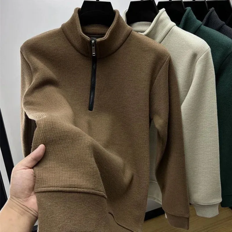 Men Clothing Mens Sweatshirt Stand Neck Half Zip Thicker Waffle Cotton High-quality Hoodie Autumn Winter Basic Tops Pullover