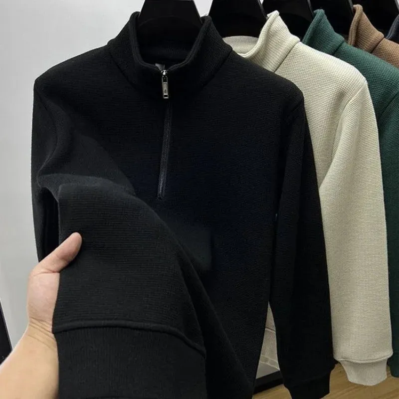 Men Clothing Mens Sweatshirt Stand Neck Half Zip Thicker Waffle Cotton High-quality Hoodie Autumn Winter Basic Tops Pullover