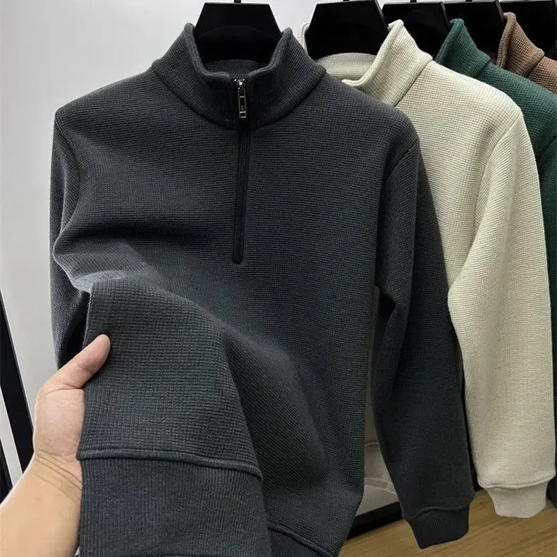 Men Clothing Mens Sweatshirt Stand Neck Half Zip Thicker Waffle Cotton High-quality Hoodie Autumn Winter Basic Tops Pullover