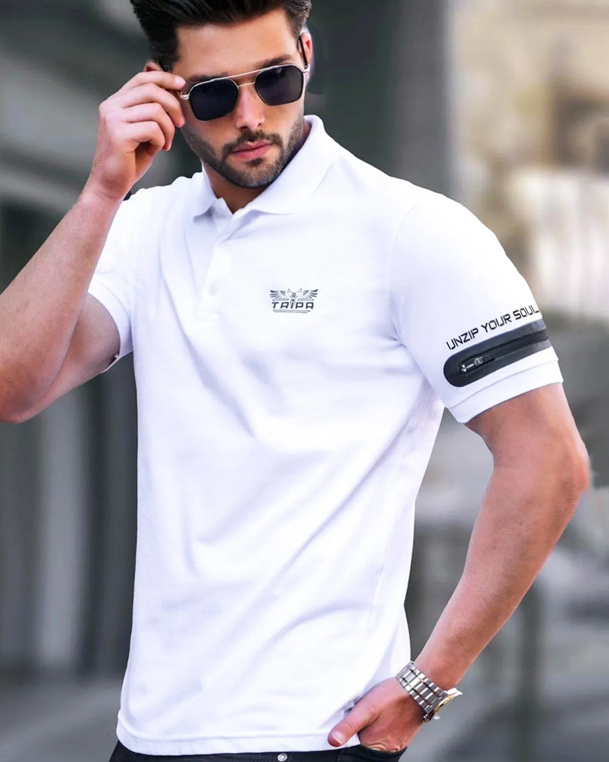 Men Designer Polo Collar White T-shirt