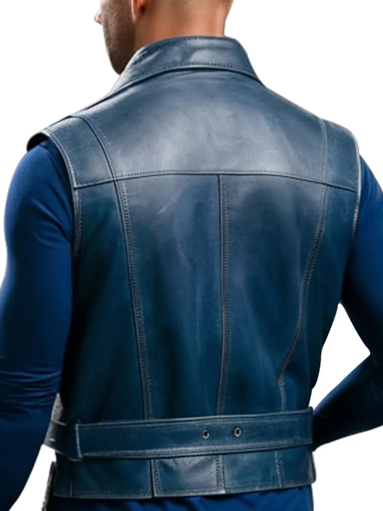 Men's Blue Luxe Leather Biker Vest