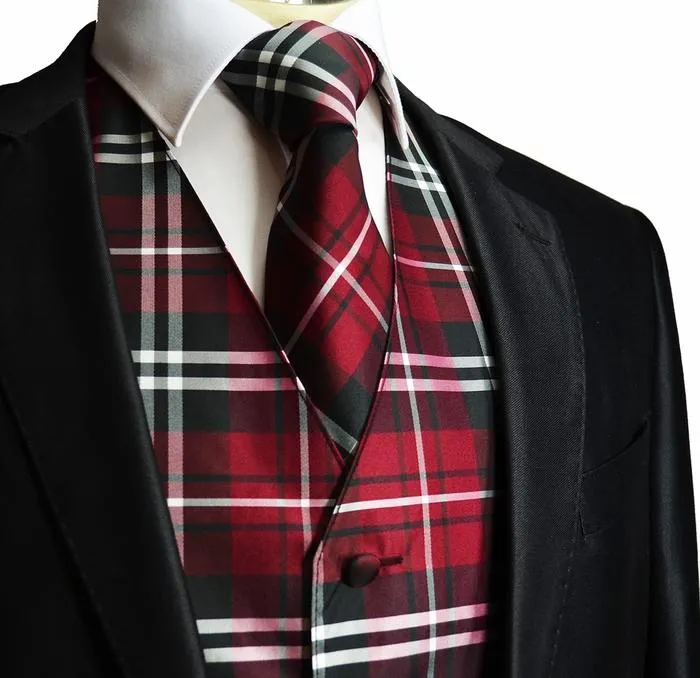 Men's Burgundy Plaid Suit Vest Set