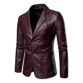 Men's Notch Lapel Double Button Leather Blazer