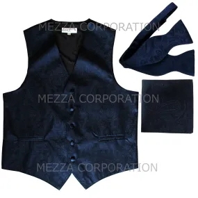 Men's paisley Tuxedo VEST Waistcoat_self tie bowtie & hankie set navy