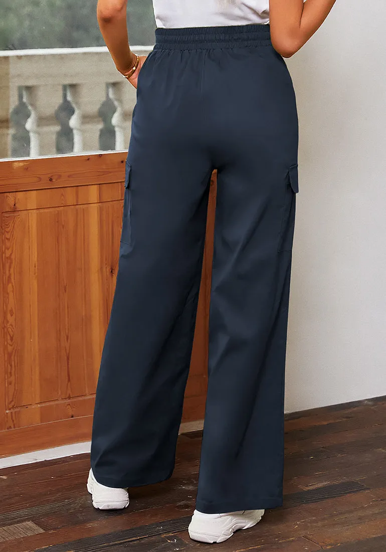 Midnight Blue Women's Brief Elastic Waist Wide Leg Cargo Pants Stretch Loose Pants Y2K