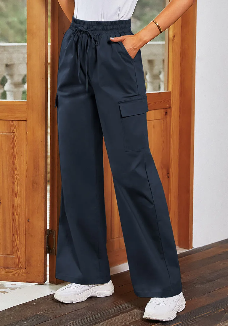 Midnight Blue Women's Brief Elastic Waist Wide Leg Cargo Pants Stretch Loose Pants Y2K