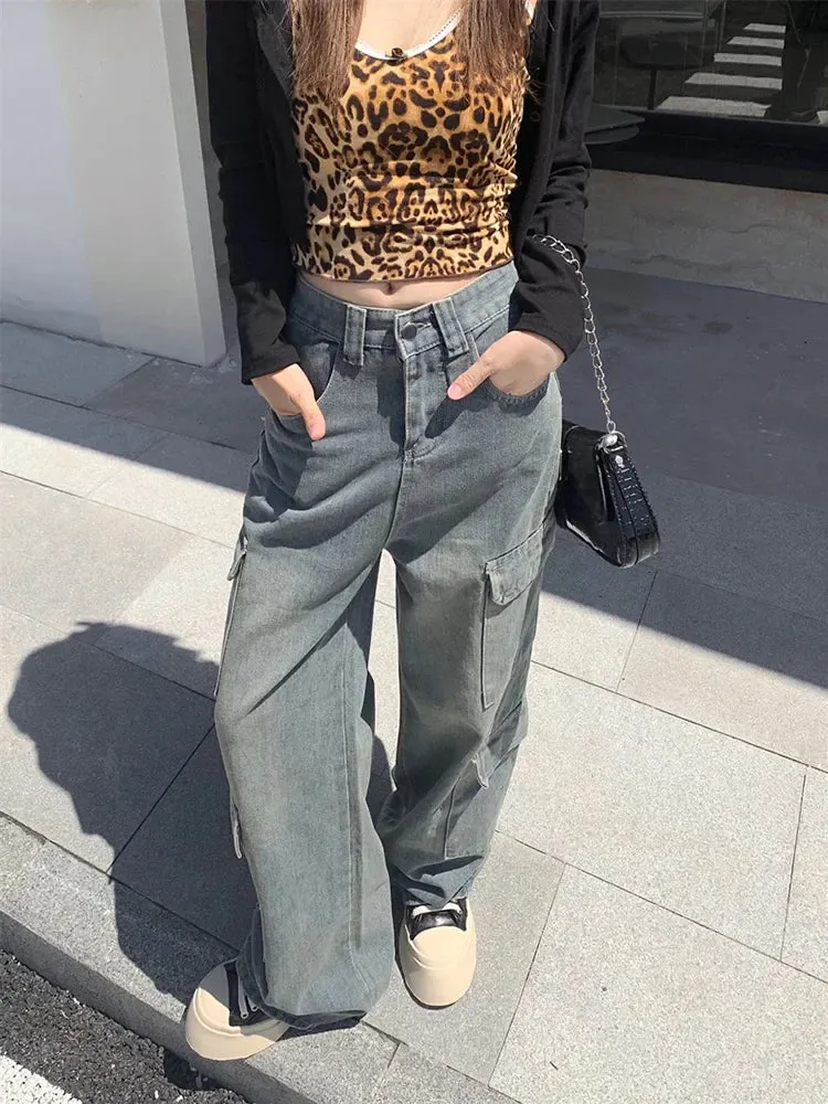 Multi-pocket Washed Cargo Women Street Wide Leg Pants High Waist Denim Long Jeans