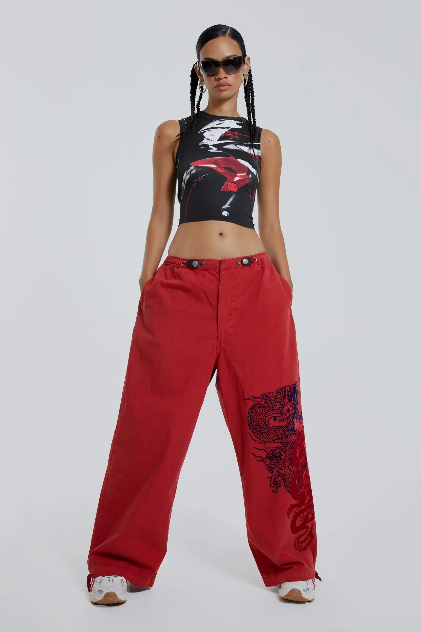 NY Dragon Flock Cargo Pants In Red